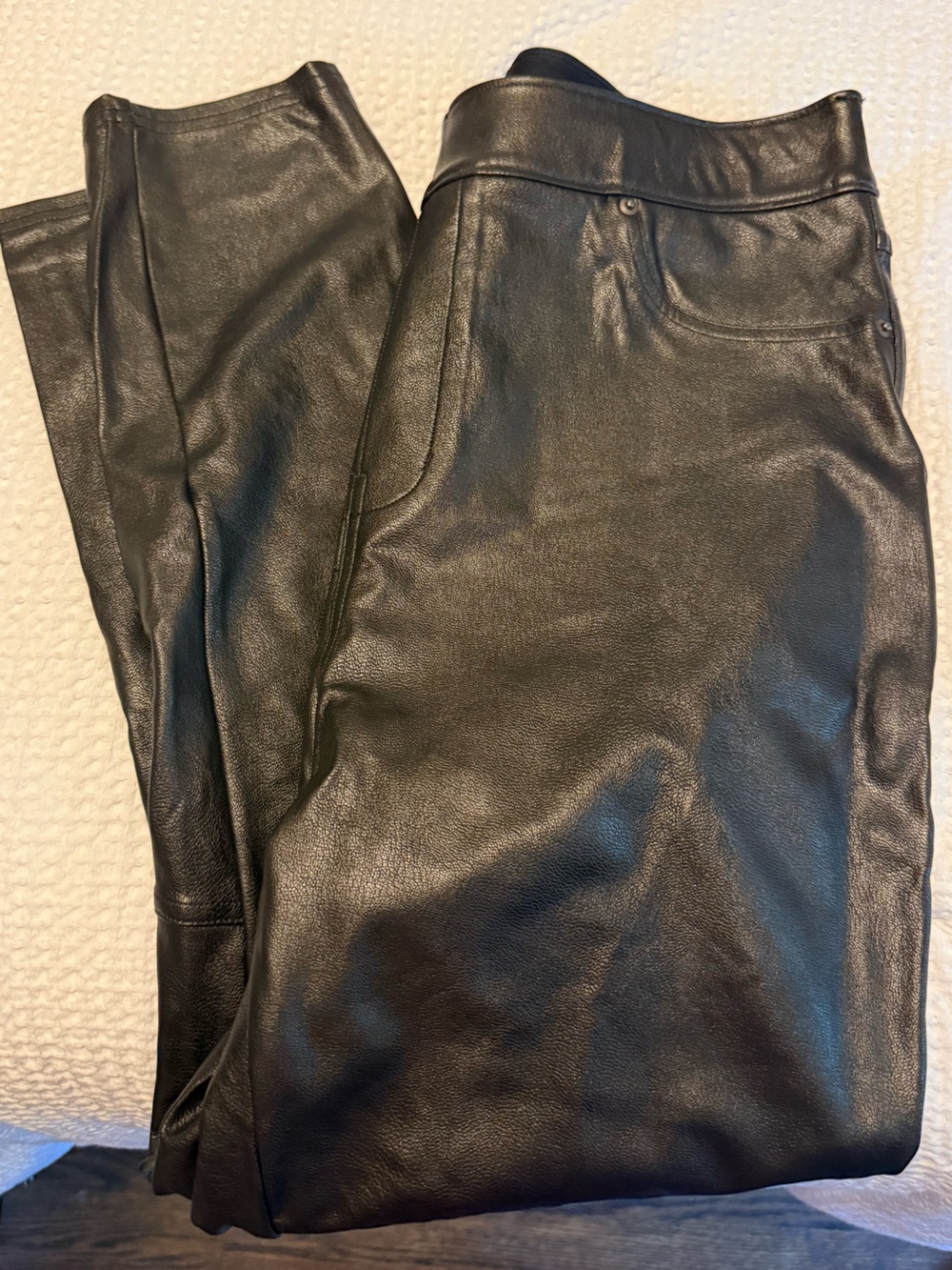 SPANX Black Faux Leather Leggings with Red Logo Tag